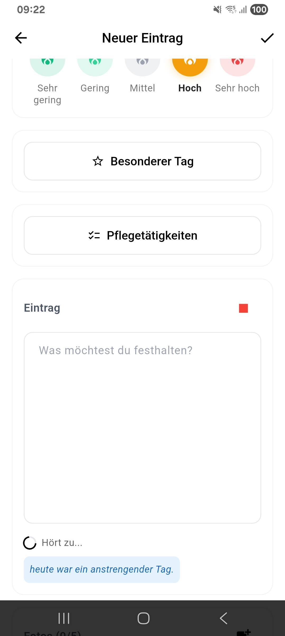 Beispiel für einen ausgefüllten Pflegetagebuch-Eintrag